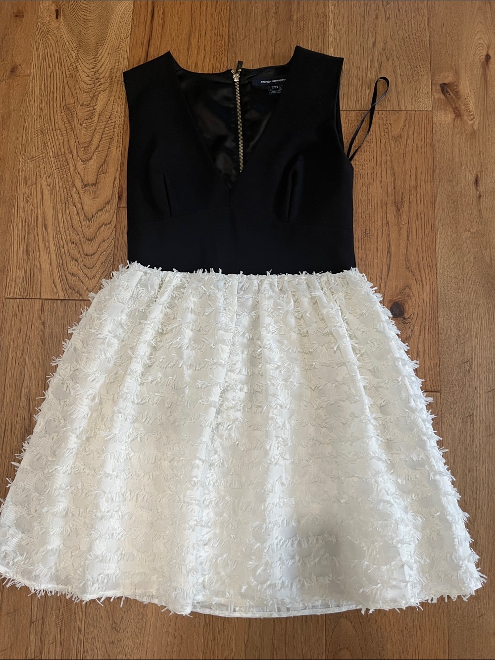 French Connection Black and White V-Neck Textured Mini Dress
